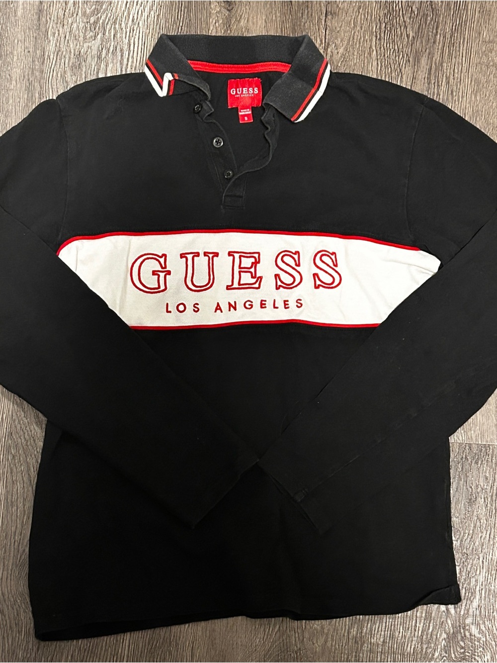 GUESS Black Long-Sleeve Polo with White Chest Panel and Red Trim